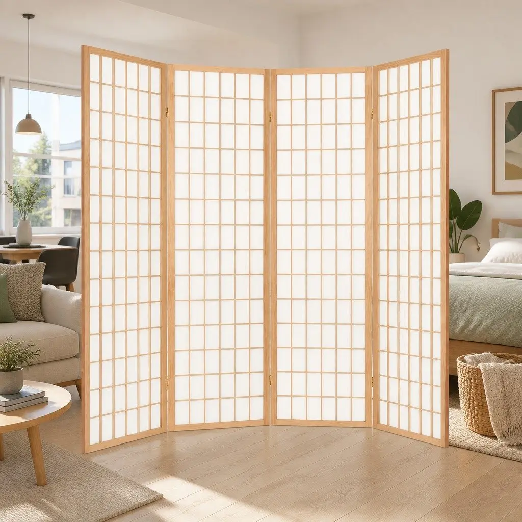 4 Panel Room Divider Screen 174x179cm Natural Foldable Space Partition Privacy