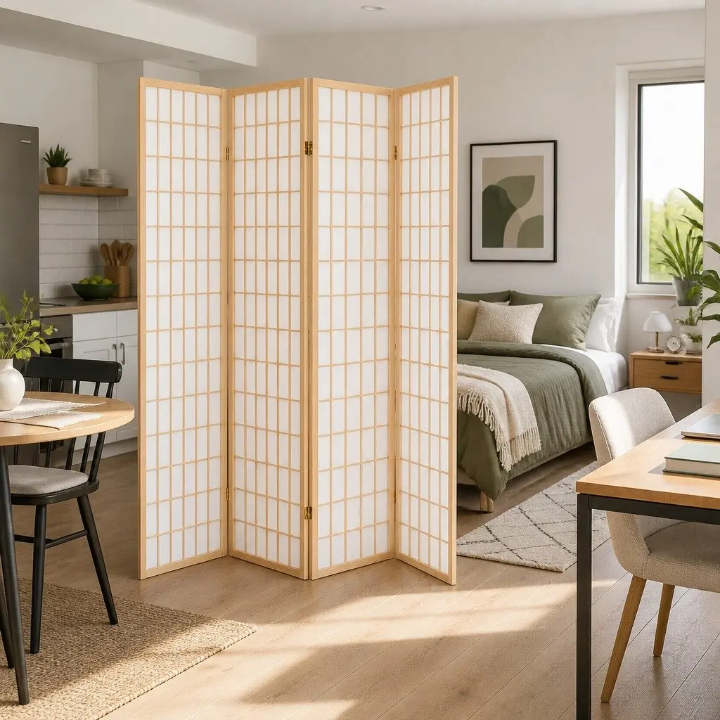 4 Panel Room Divider Screen 174x179cm Natural Foldable Space Partition Privacy