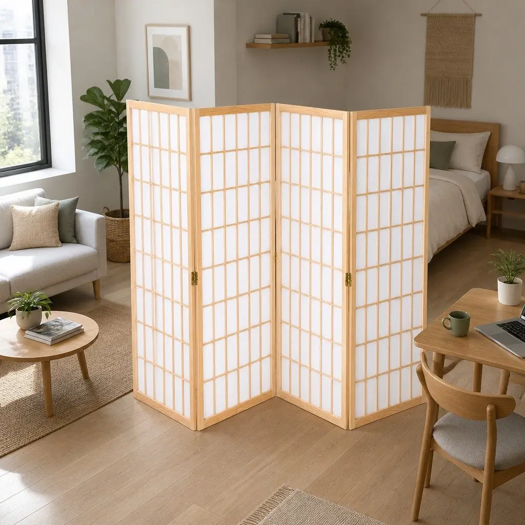 4 Panel Room Divider Screen 174x179cm Natural Foldable Space Partition Privacy