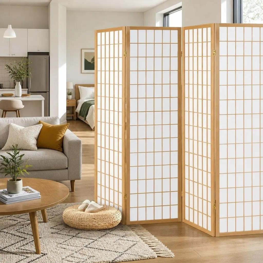 4 Panel Room Divider Screen 174x179cm Natural Foldable Space Partition Privacy