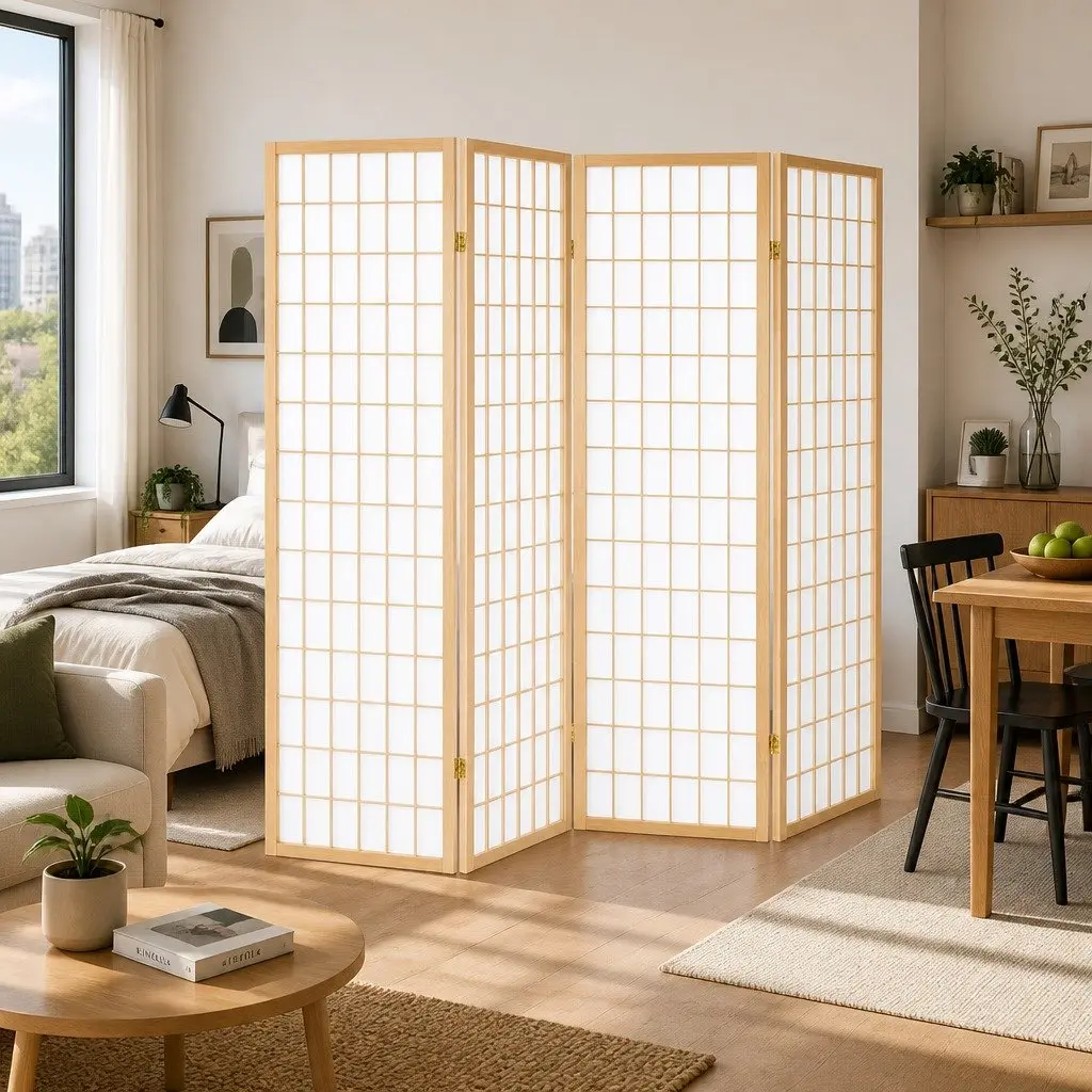 4 Panel Room Divider Screen 174x179cm Natural Foldable Space Partition Privacy