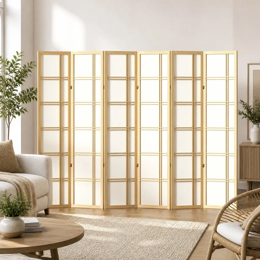 6 Panel Room Divider Screen Folding Privacy Partition Natural Wood Portable