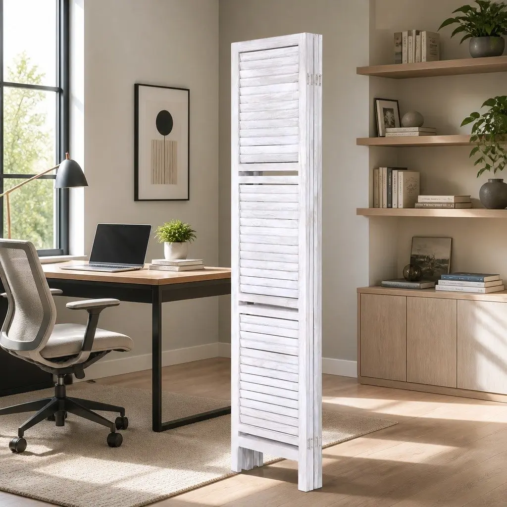 4-Panel Room Divider 163x170cm with Display Shelves
