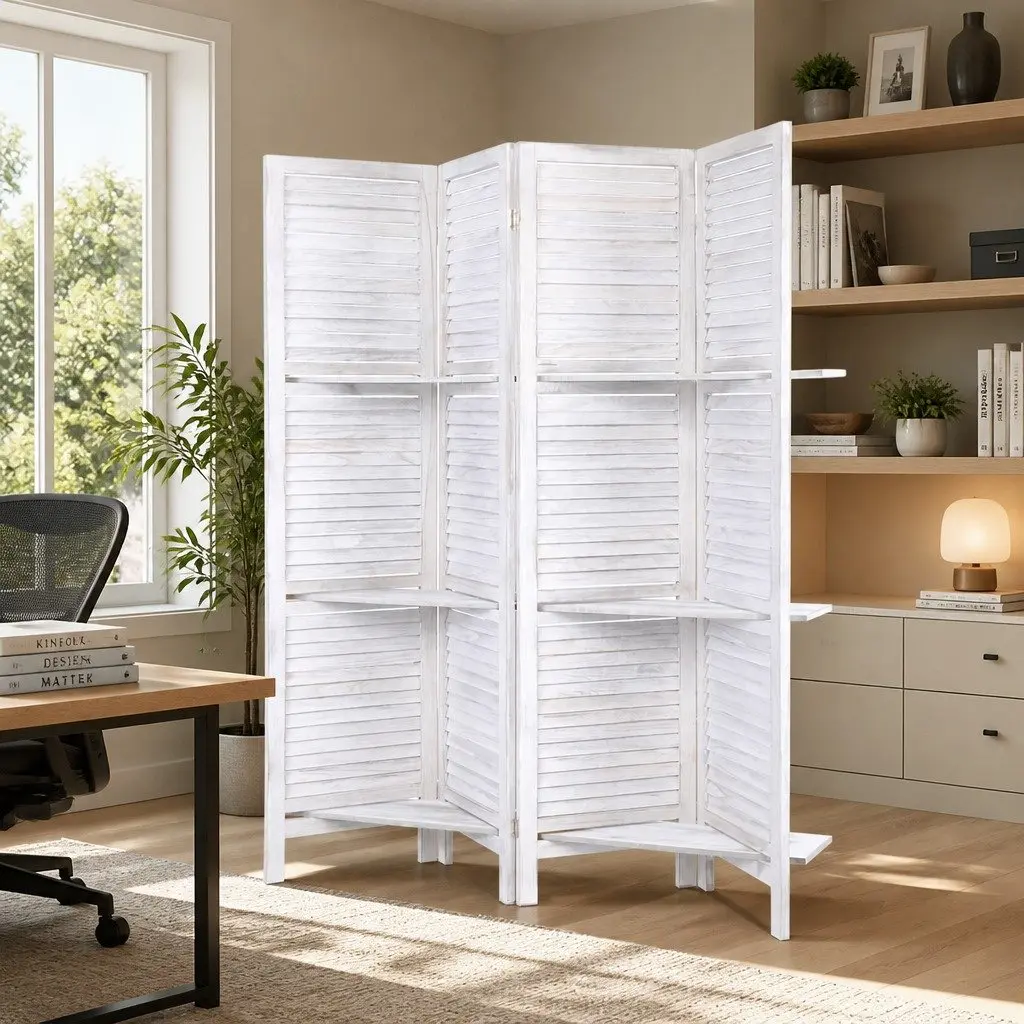 4 Panel Room Divider Screen White 163x170cm Folding Privacy Partition with Shelves
