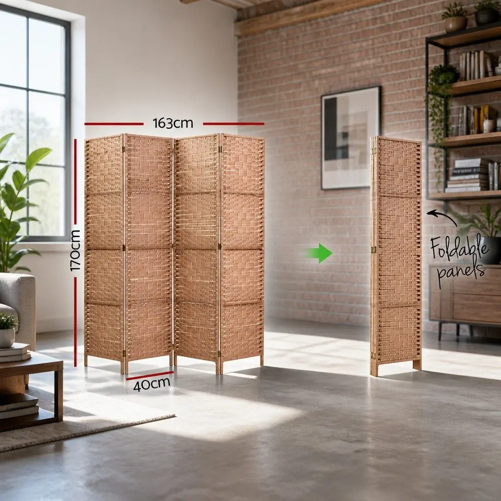 4 Panel Room Divider Natural 163x170cm Woven Foldable Privacy Screen