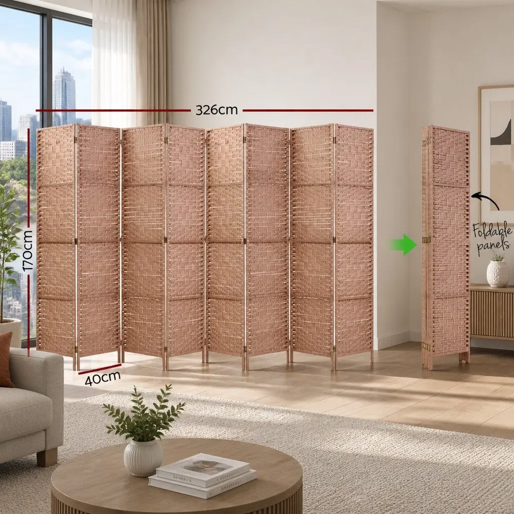 8 Panel Room Divider Screen Brown Natural Wood Woven Paper Folding Partition Privacy