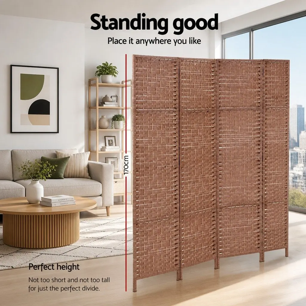 8 Panel Room Divider Screen Brown Natural Wood Woven Paper Folding Partition Privacy