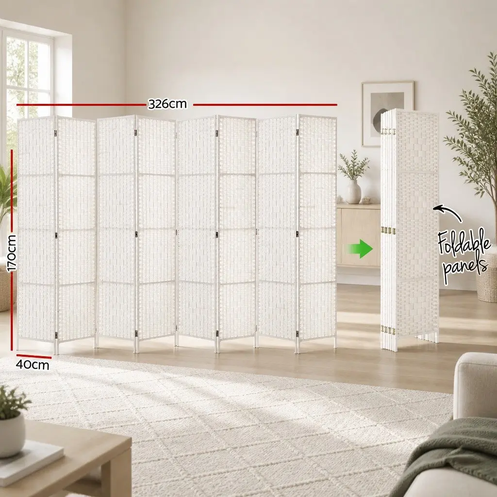 8 Panel Room Divider White 326x170cm Folding Hand-Woven Partition
