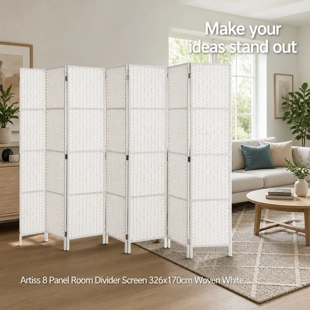 8 Panel Room Divider White 326x170cm Folding Hand-Woven Partition