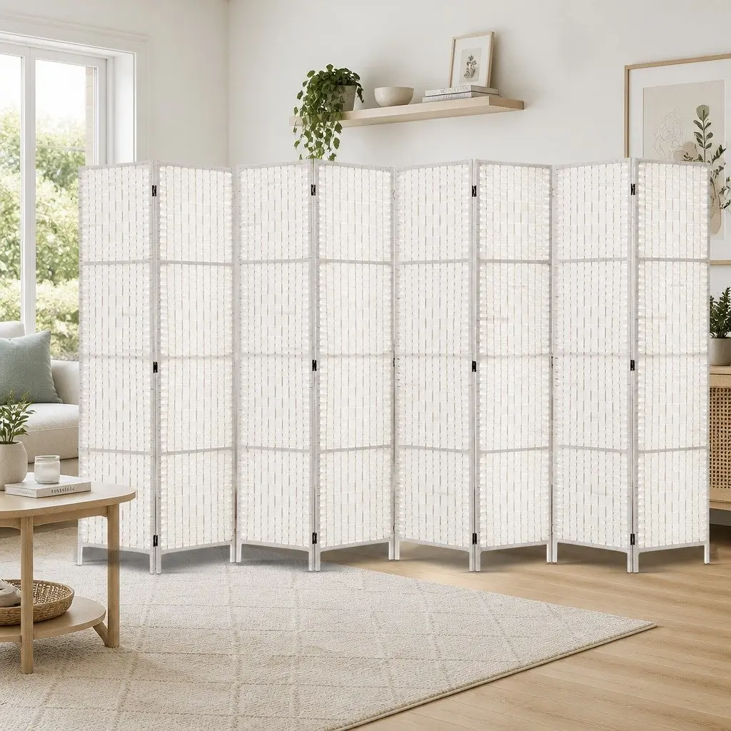 8 Panel Room Divider White 326x170cm Folding Hand-Woven Partition