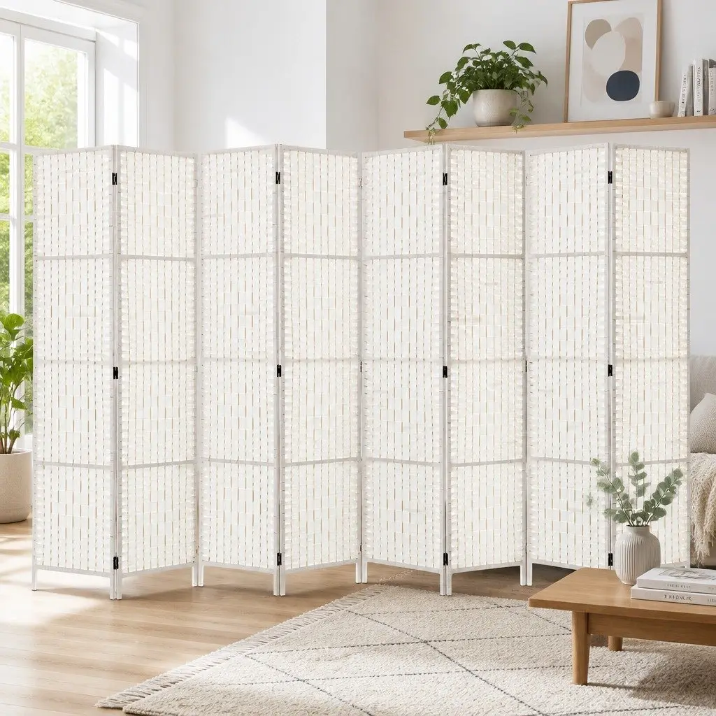 8 Panel Room Divider White 326x170cm Folding Hand-Woven Partition
