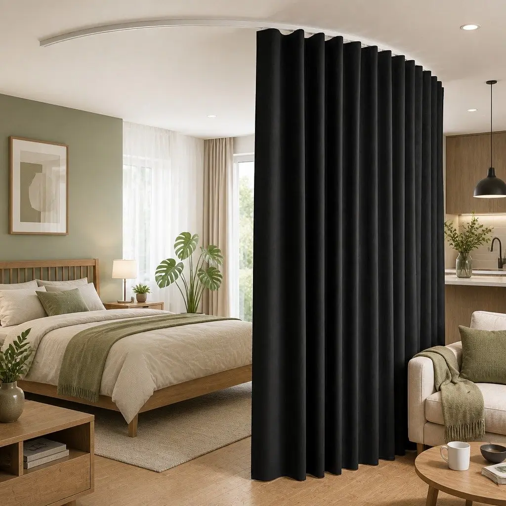 Room Divider Ceiling Mounted Track Blackout Curtain Partition Flexible Black