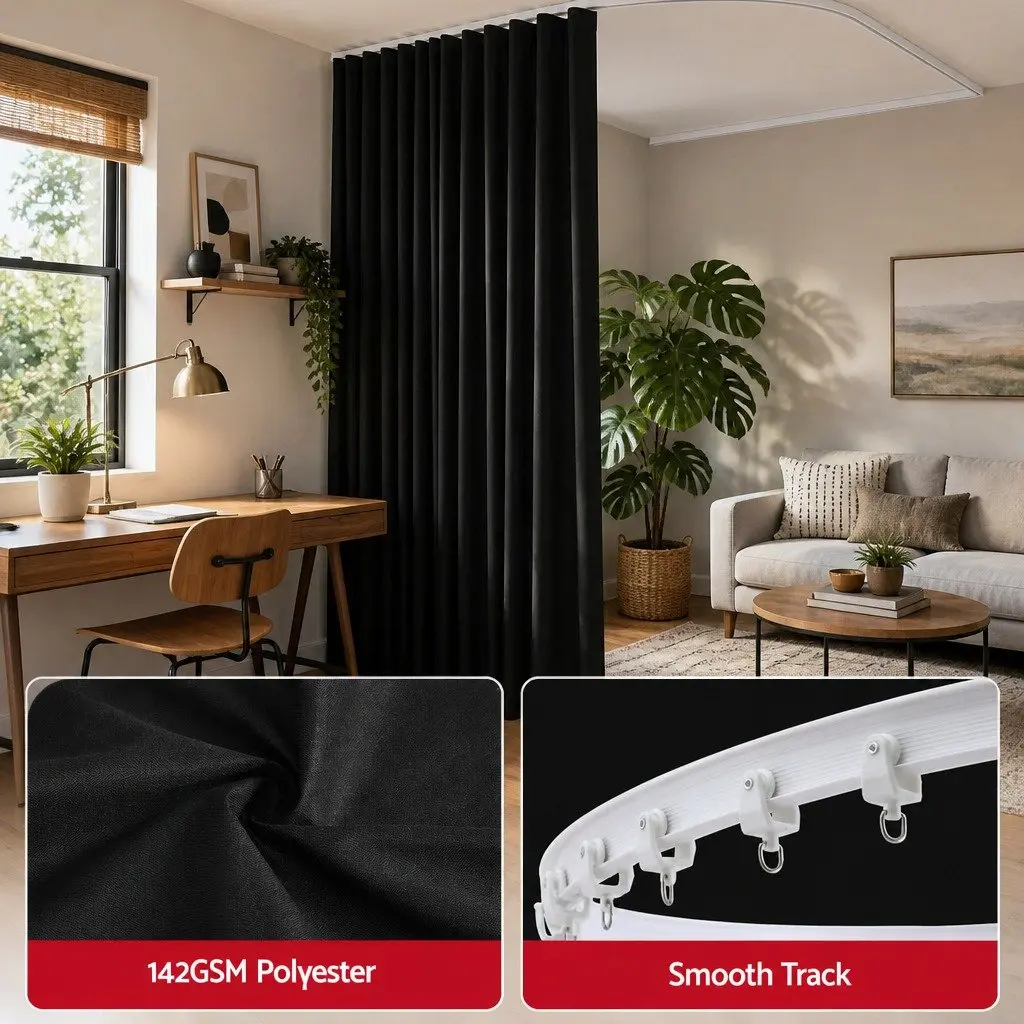 Room Divider Black Ceiling Mounted Flexible Bendable Curtain Track with Blackout Fabric