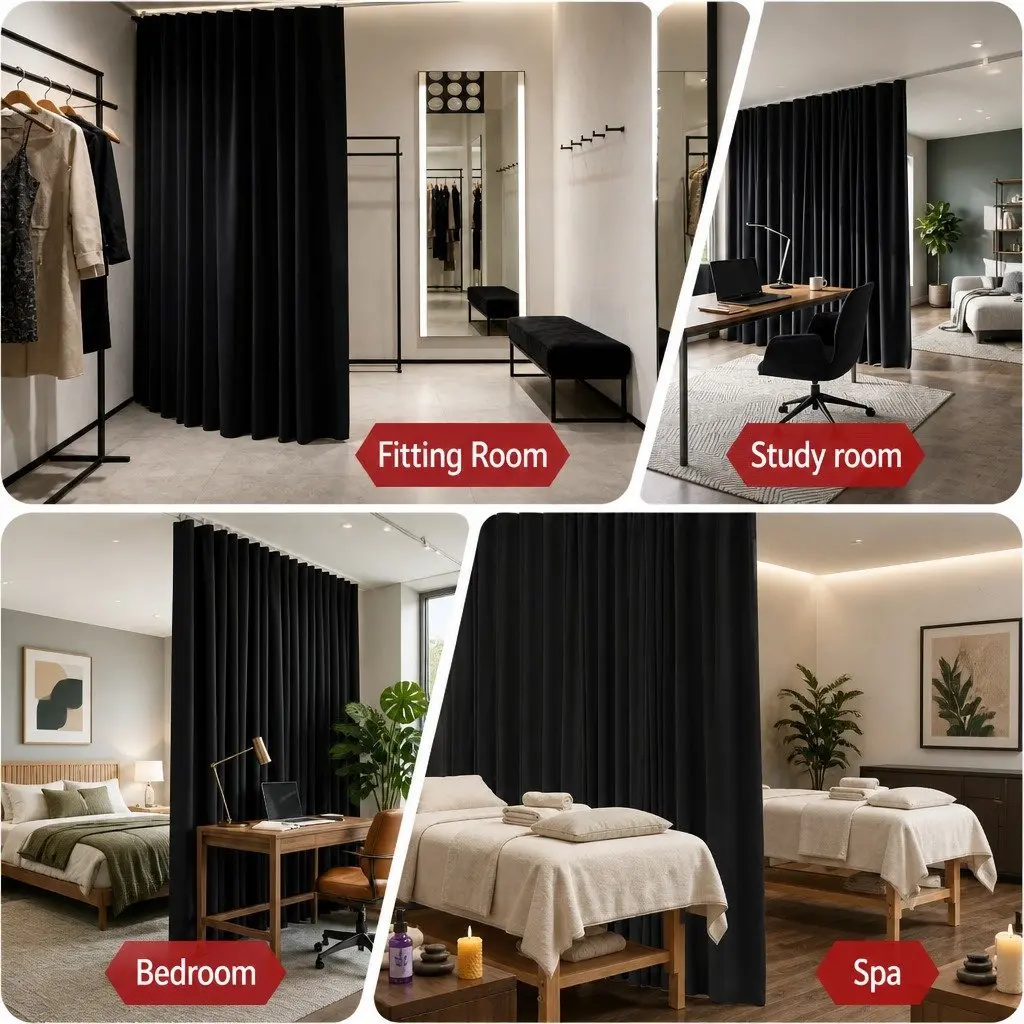 Room Divider Black Ceiling Mounted Flexible Bendable Curtain Track with Blackout Fabric