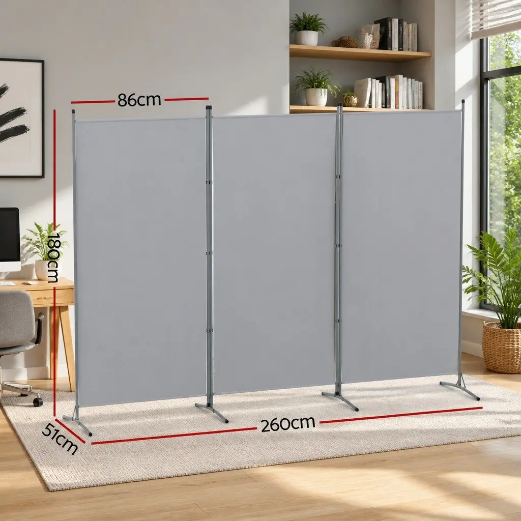 Room Divider Grey 3 Panel 260x180cm Folding Partition Privacy Fabric