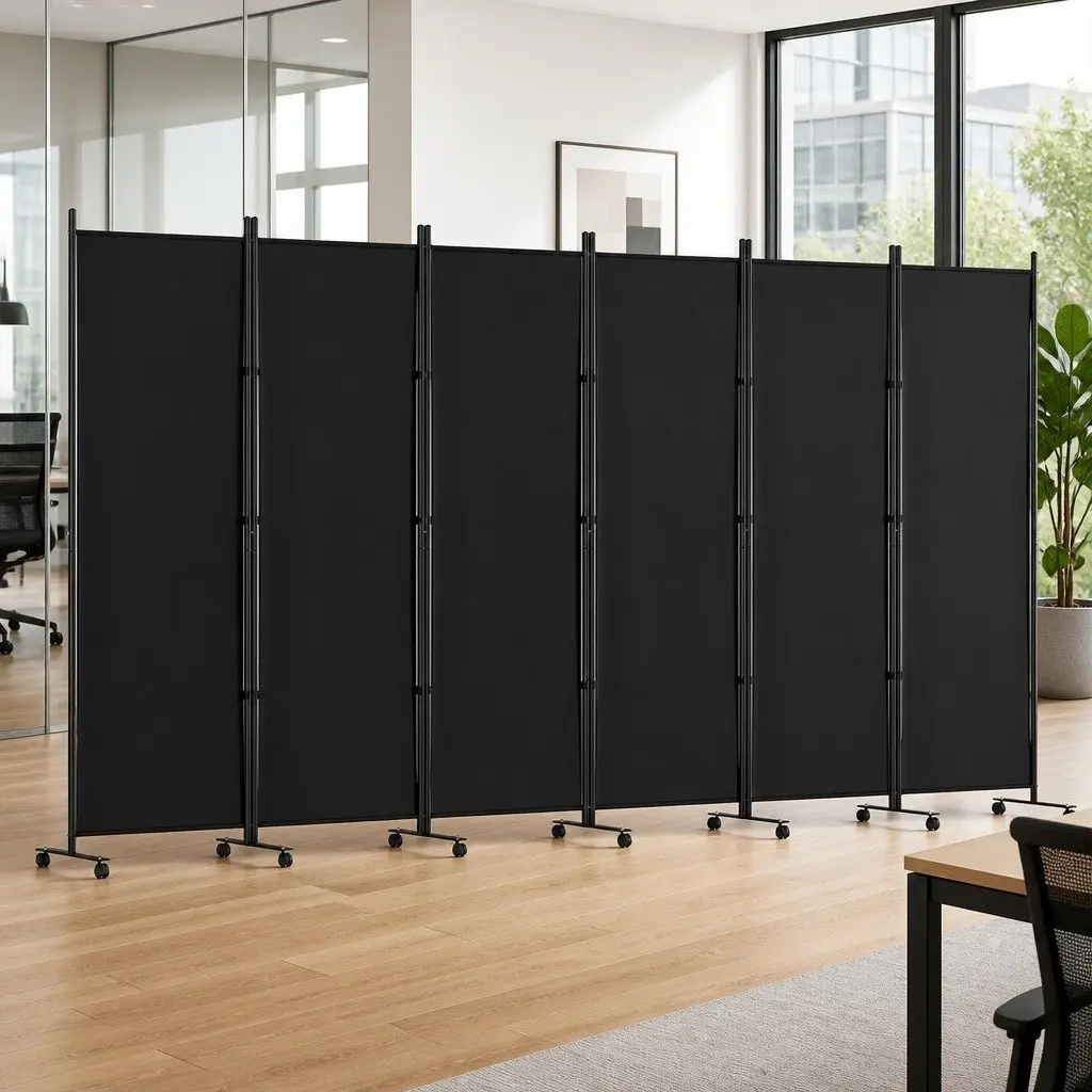 6 Panel Room Divider Black Portable Folding Privacy Separator with Lockable Wheels