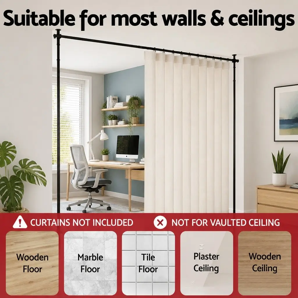 Room Divider Curtain Rod Black Adjustable Height Width Extendable Privacy Screen