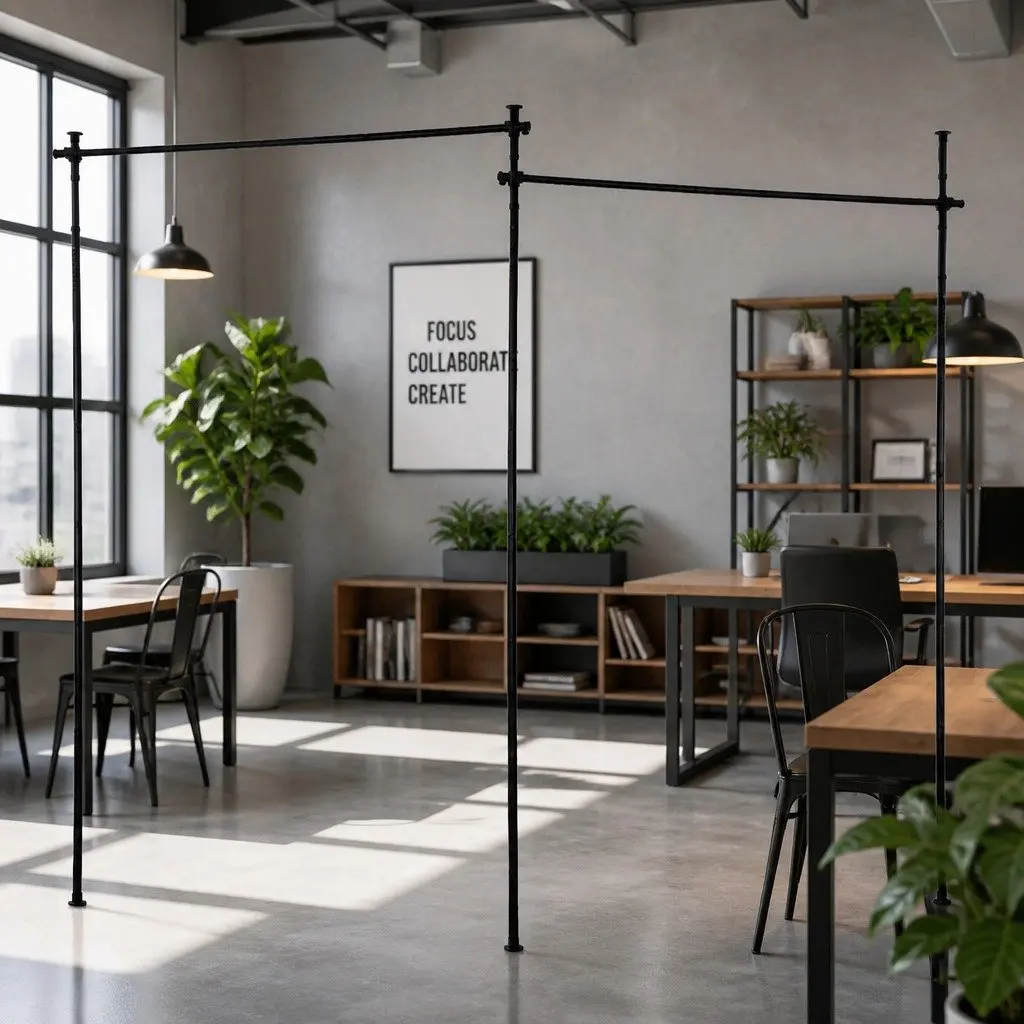 Room Divider Curtain Rod Black Adjustable Height Width Heavy-Duty Structure