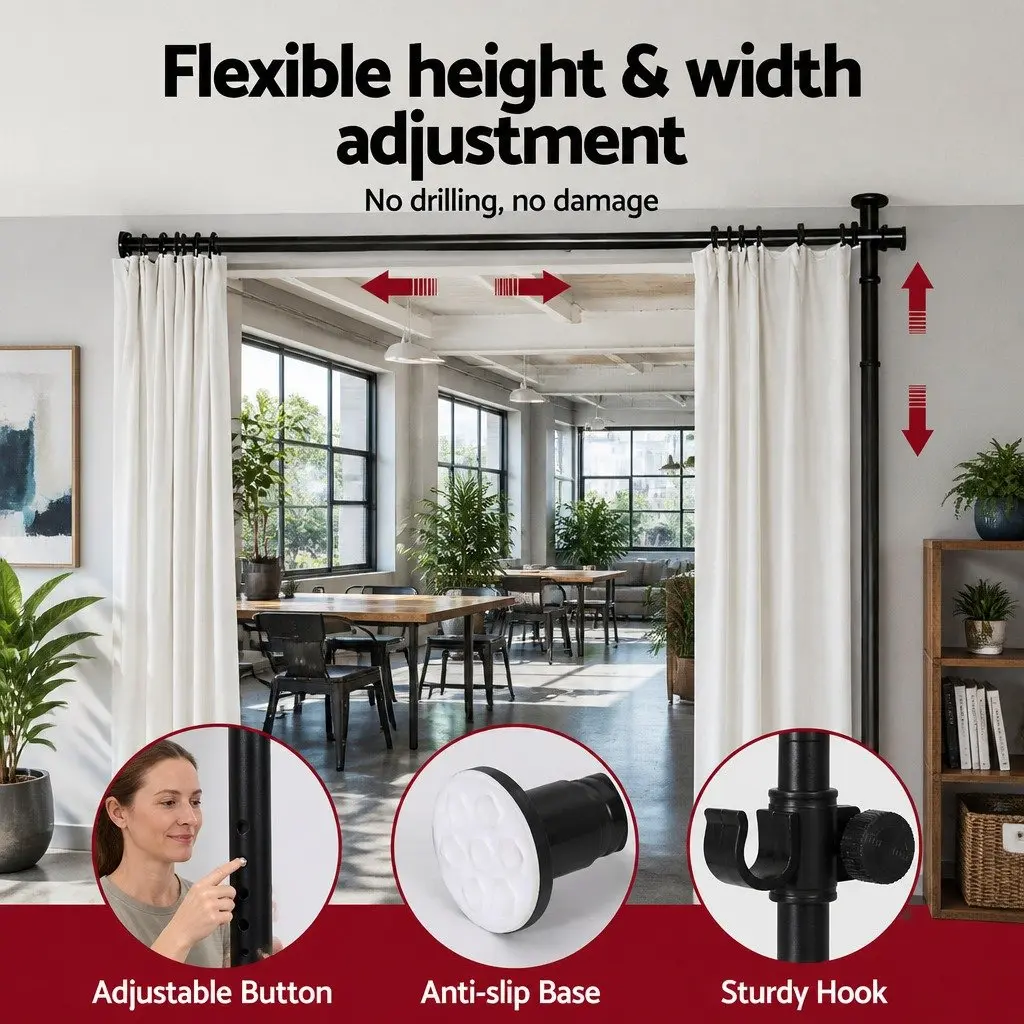 Room Divider Curtain Rod Black Adjustable Height Width Heavy-Duty Structure