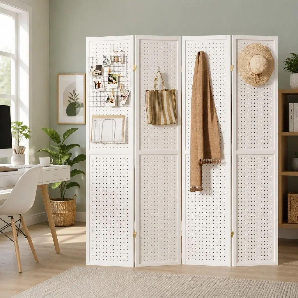 4 Panel Room Divider Screen, White Finish