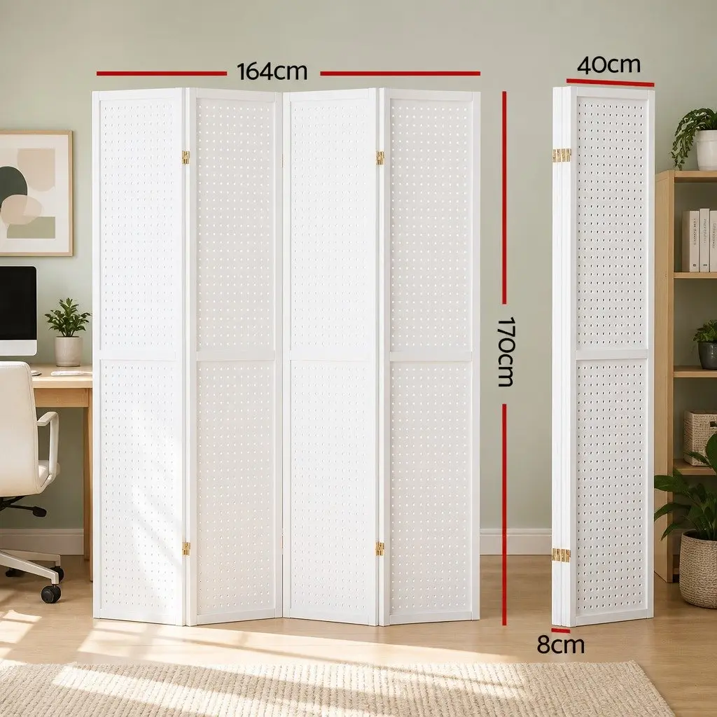 Room Divider White 164x170cm 4 Panel Pegboard Folding Privacy Partition