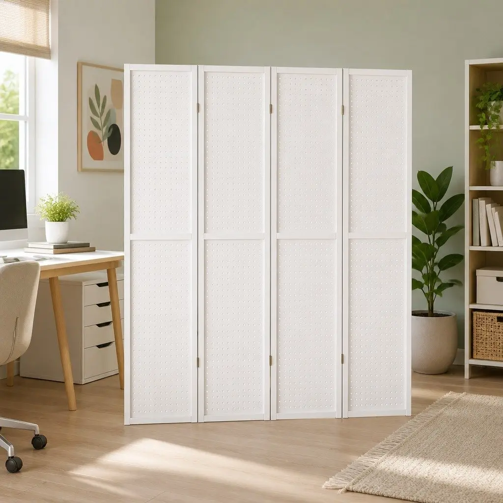 Room Divider White 164x170cm 4 Panel Pegboard Folding Privacy Partition