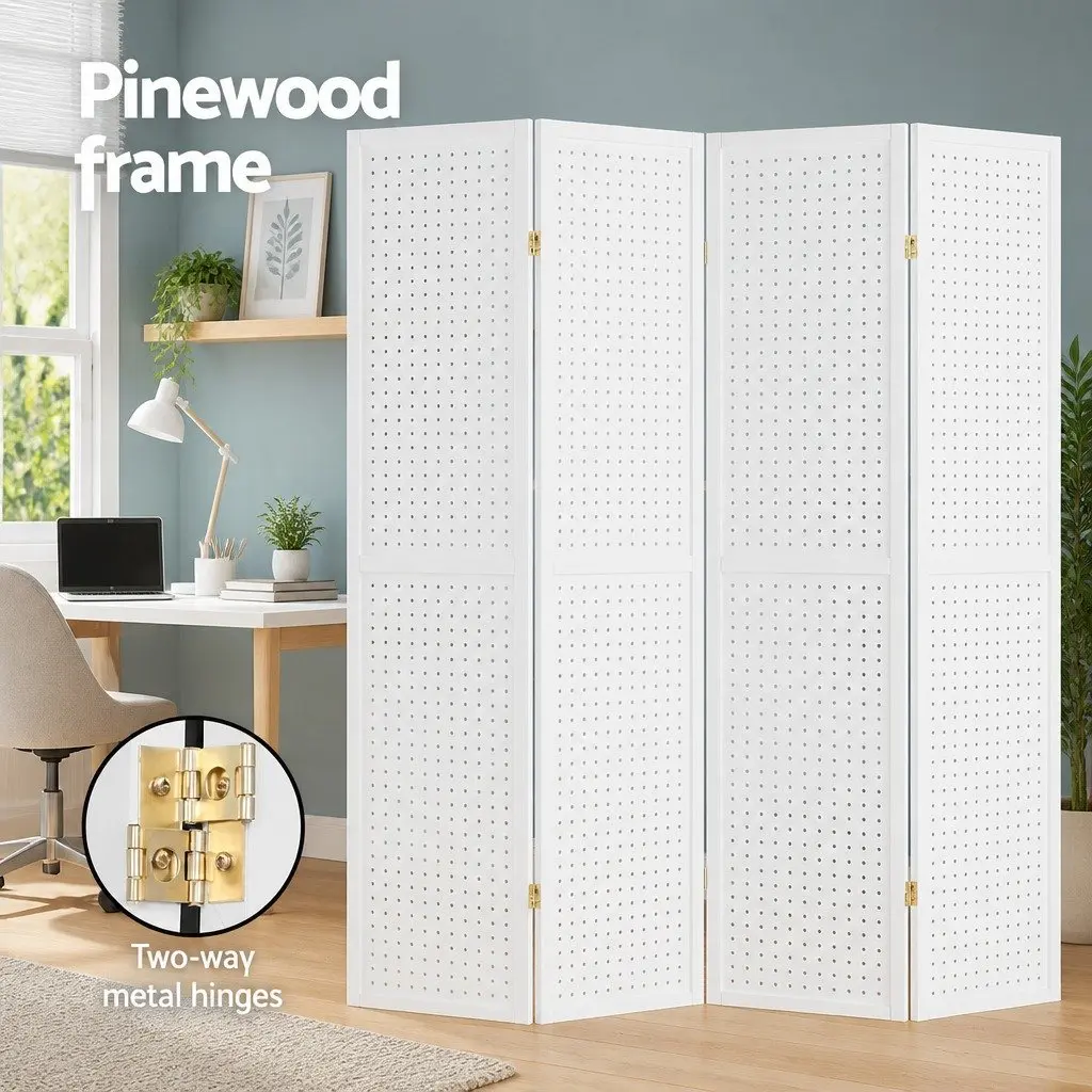 Room Divider White 164x170cm 4 Panel Pegboard Folding Privacy Partition