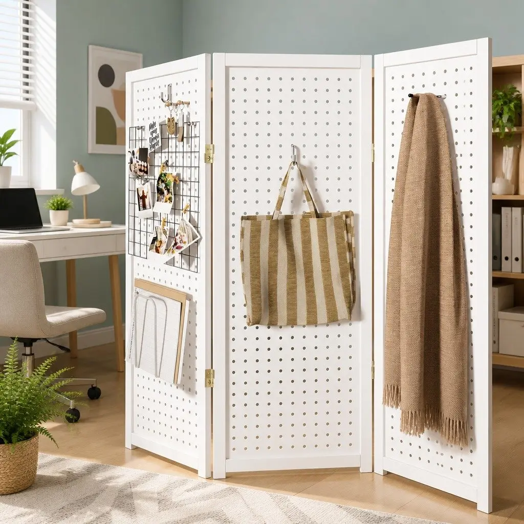 Room Divider White 164x170cm 4 Panel Pegboard Folding Privacy Partition