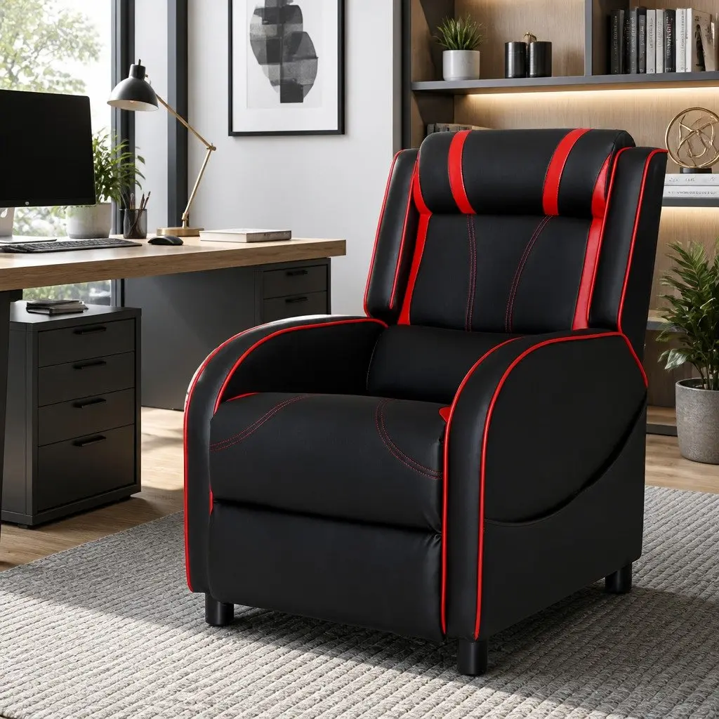 Gaming Recliner Chair Black Adjustable Backrest Footrest Lumbar Support