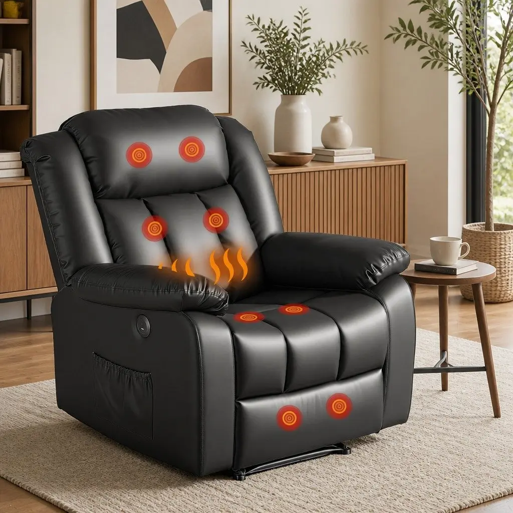 Manual Massage Recliner Chair Black Adjustable with USB Ports and Lumbar Heat Function