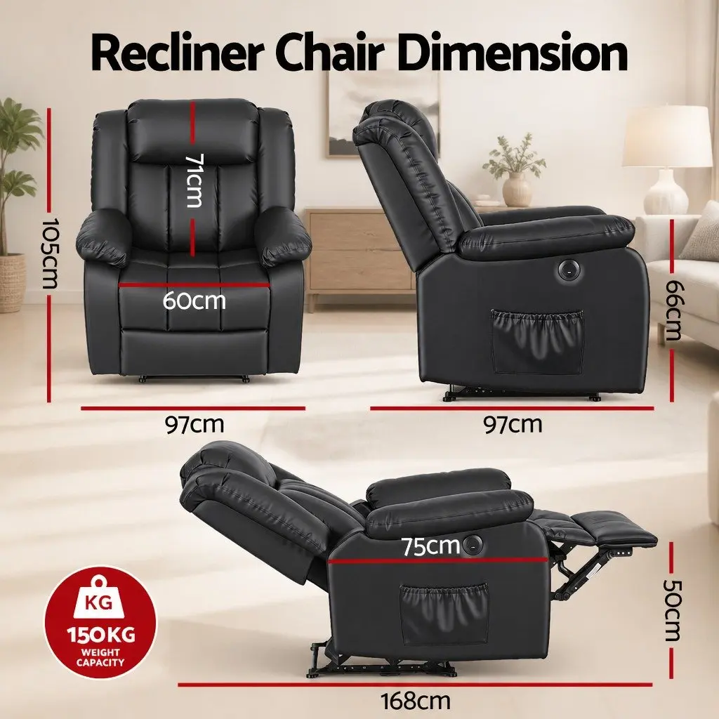 Manual Massage Recliner Chair Black Adjustable with USB Ports and Lumbar Heat Function