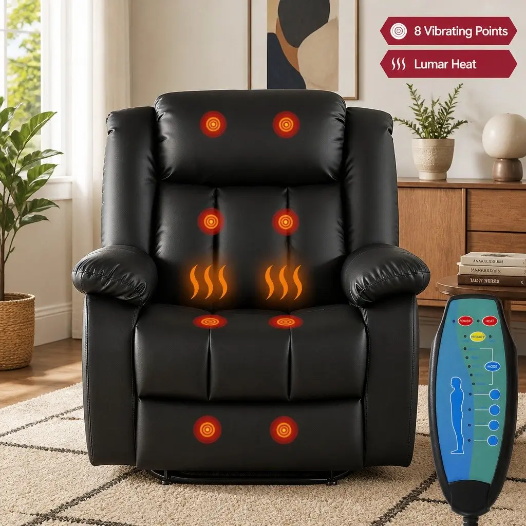 Manual Massage Recliner Chair Black Adjustable with USB Ports and Lumbar Heat Function
