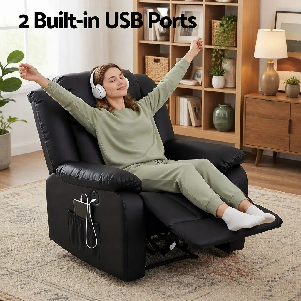 Manual Massage Recliner Chair Black Adjustable with USB Ports and Lumbar Heat Function