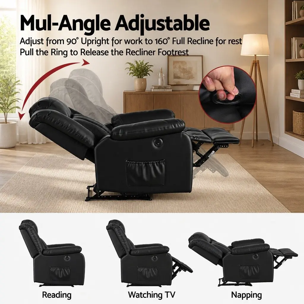 Manual Massage Recliner Chair Black Adjustable with USB Ports and Lumbar Heat Function