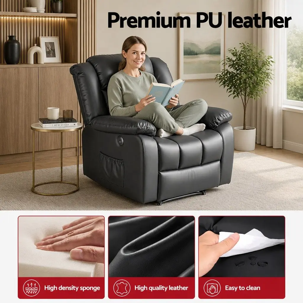 Manual Massage Recliner Chair Black Adjustable with USB Ports and Lumbar Heat Function