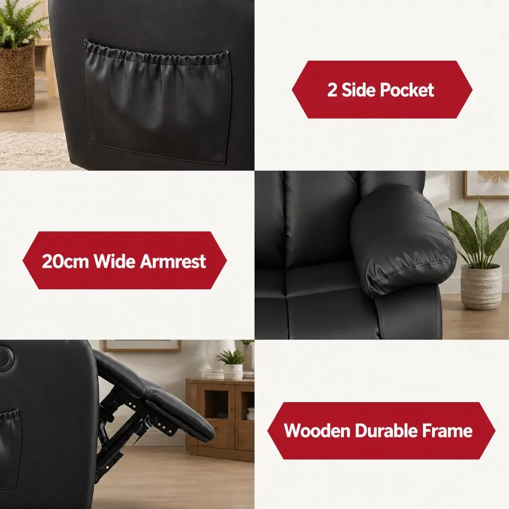 Manual Massage Recliner Chair Black Adjustable with USB Ports and Lumbar Heat Function