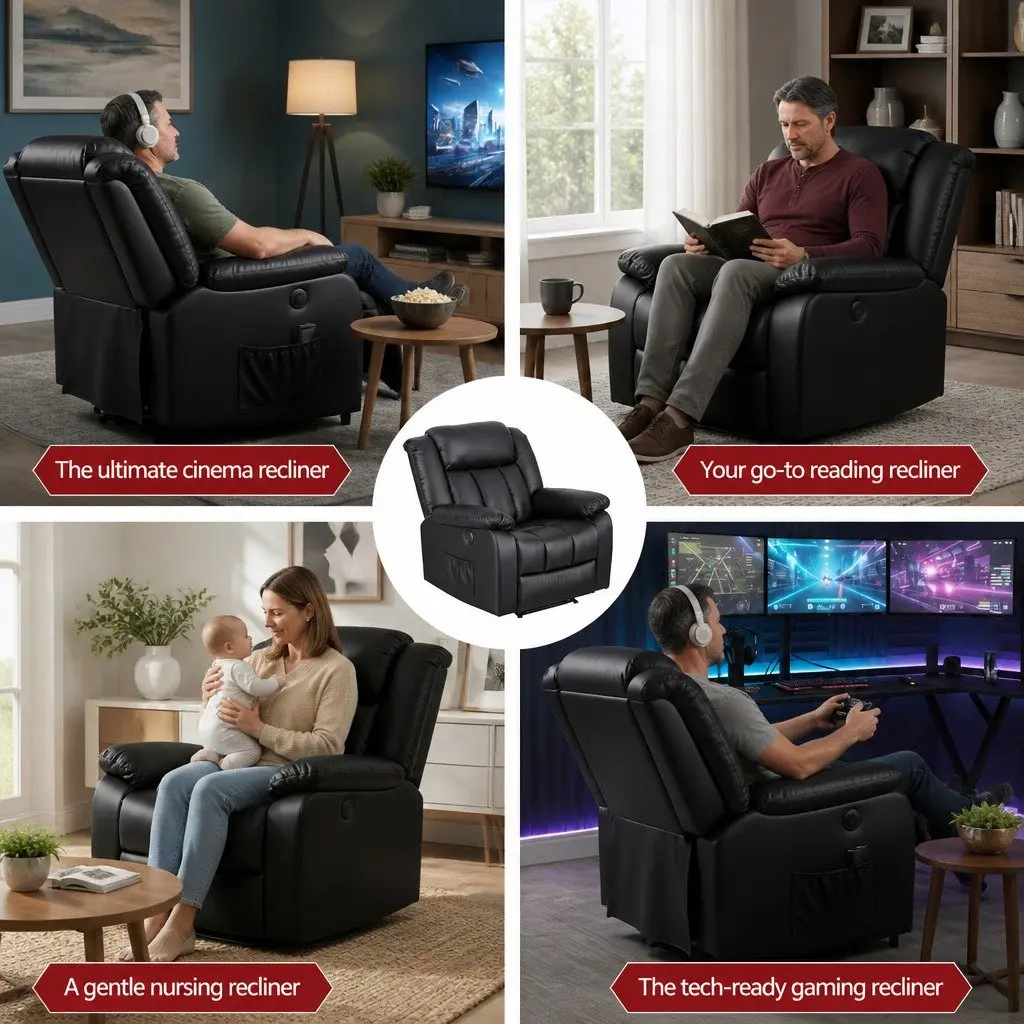Manual Massage Recliner Chair Black Adjustable with USB Ports and Lumbar Heat Function