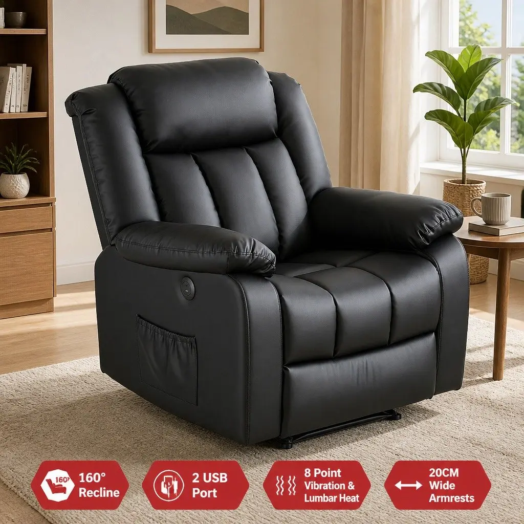 Manual Massage Recliner Chair Black Adjustable with USB Ports and Lumbar Heat Function