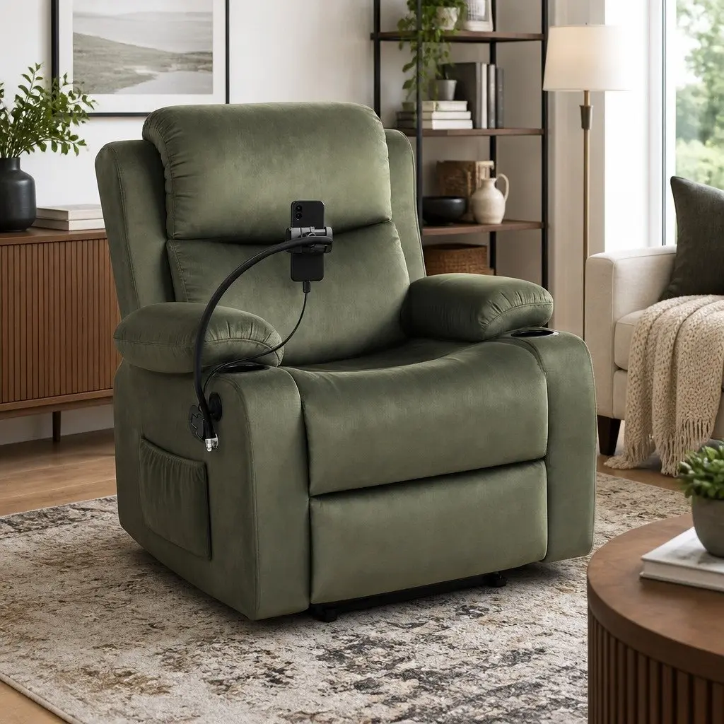 Recliner Chair Green Velvet 8-Point Heated Massage with USB Phone Holder