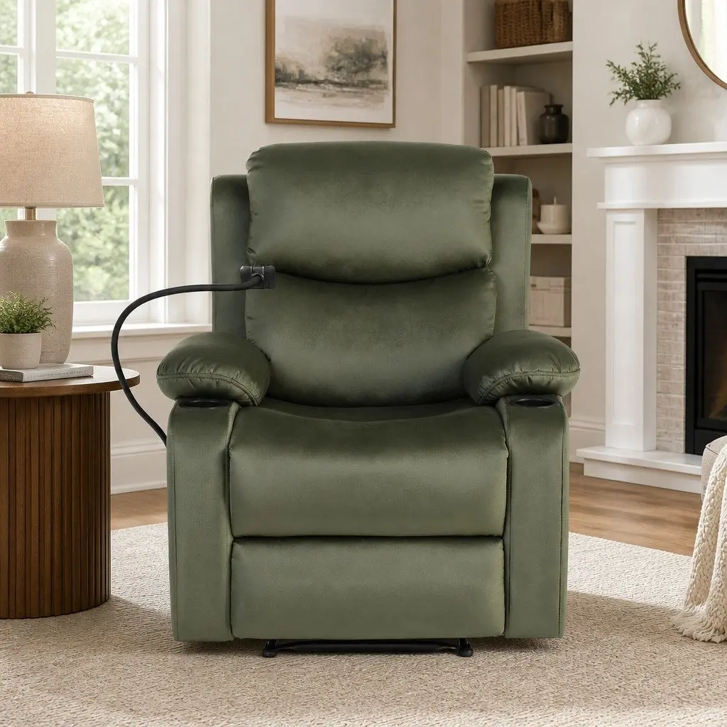 Recliner Chair Green Velvet 8-Point Heated Massage with USB Phone Holder
