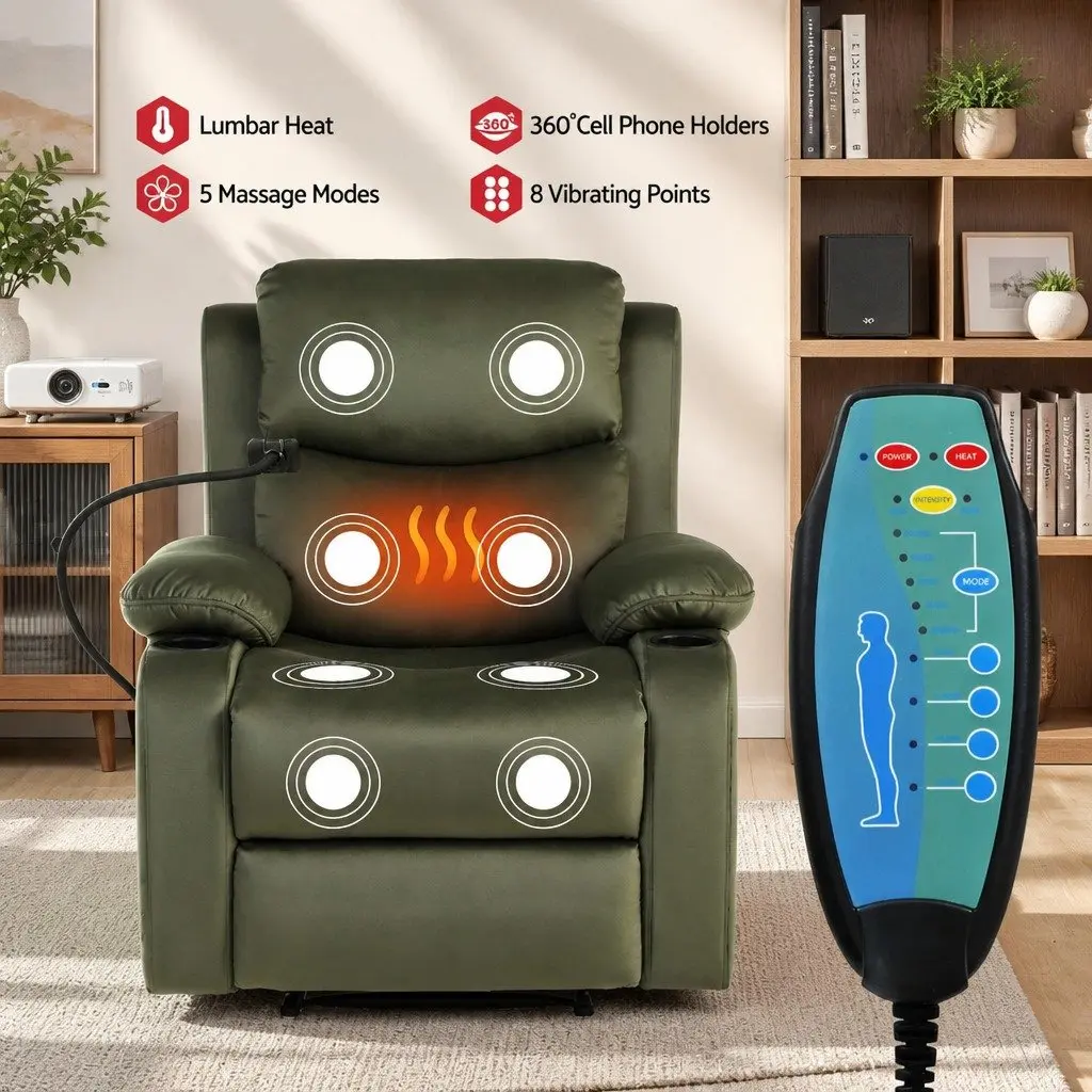 Recliner Chair Green Velvet 8-Point Heated Massage with USB Phone Holder