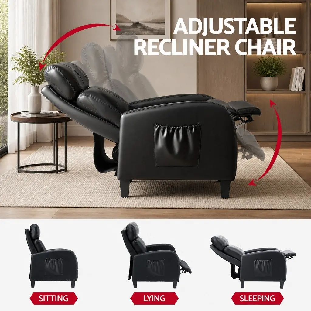 Massage Recliner Chair Black PU Leather Compact 2-Point Heated Massage System