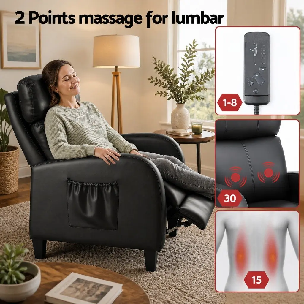 Massage Recliner Chair Black PU Leather Compact 2-Point Heated Massage System