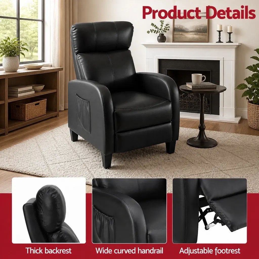 Massage Recliner Chair Black PU Leather Compact 2-Point Heated Massage System