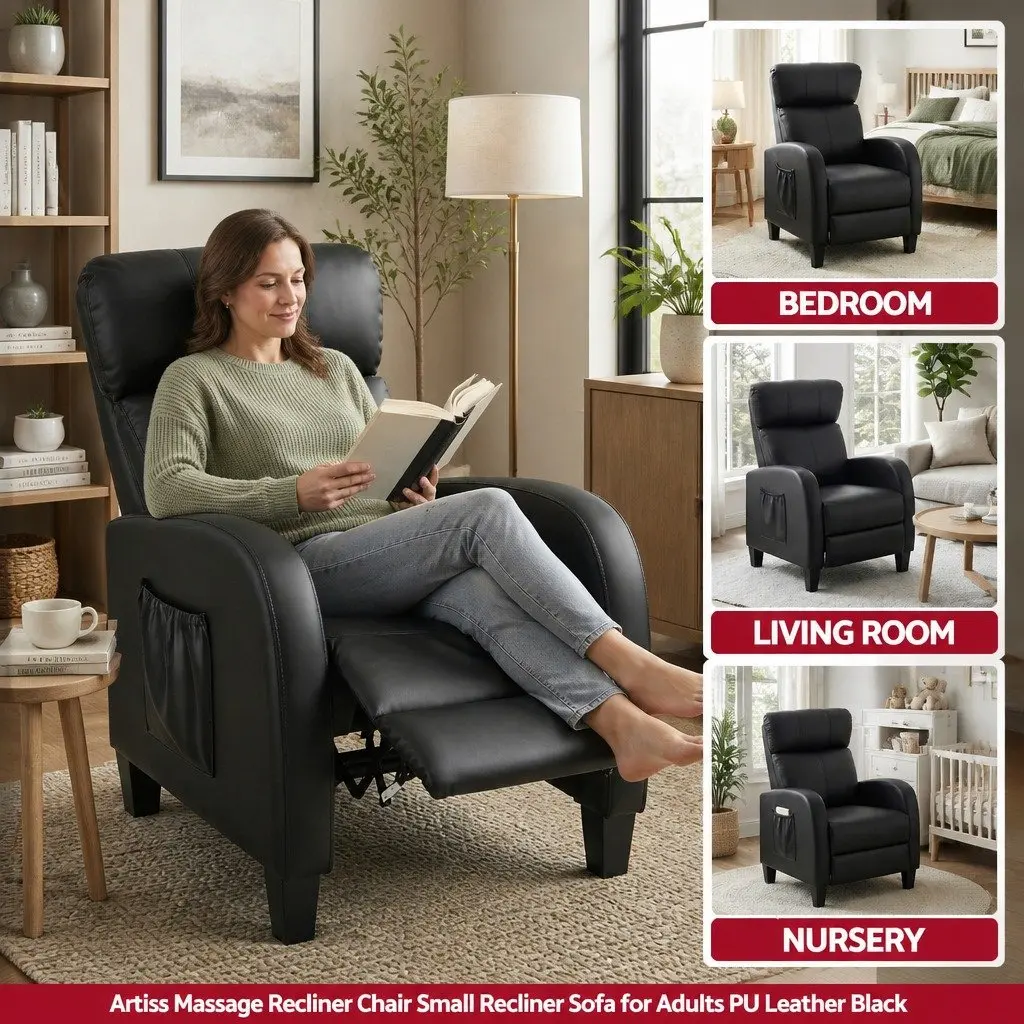 Massage Recliner Chair Black PU Leather Compact 2-Point Heated Massage System