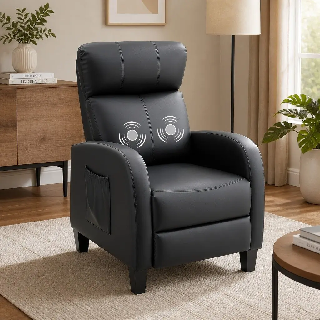 Massage Recliner Chair Black PU Leather Compact 2-Point Heated Massage System