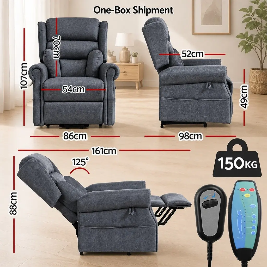 Electric Power Lift Recliner Chair Grey Adjustable Backrest 130 Degrees Heated Massage