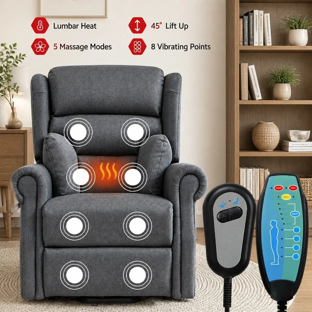 Electric Power Lift Recliner Chair Grey Adjustable Backrest 130 Degrees Heated Massage