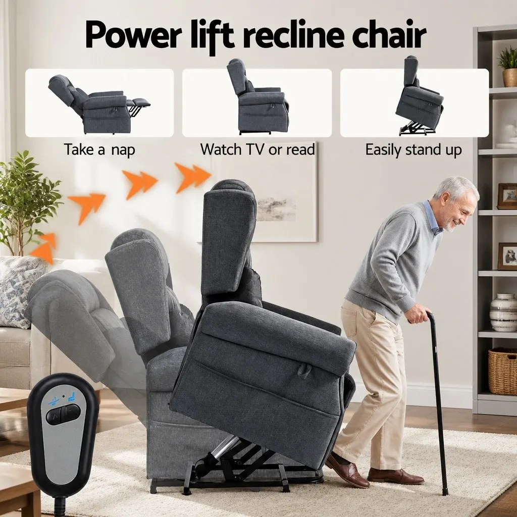 Electric Power Lift Recliner Chair Grey Adjustable Backrest 130 Degrees Heated Massage