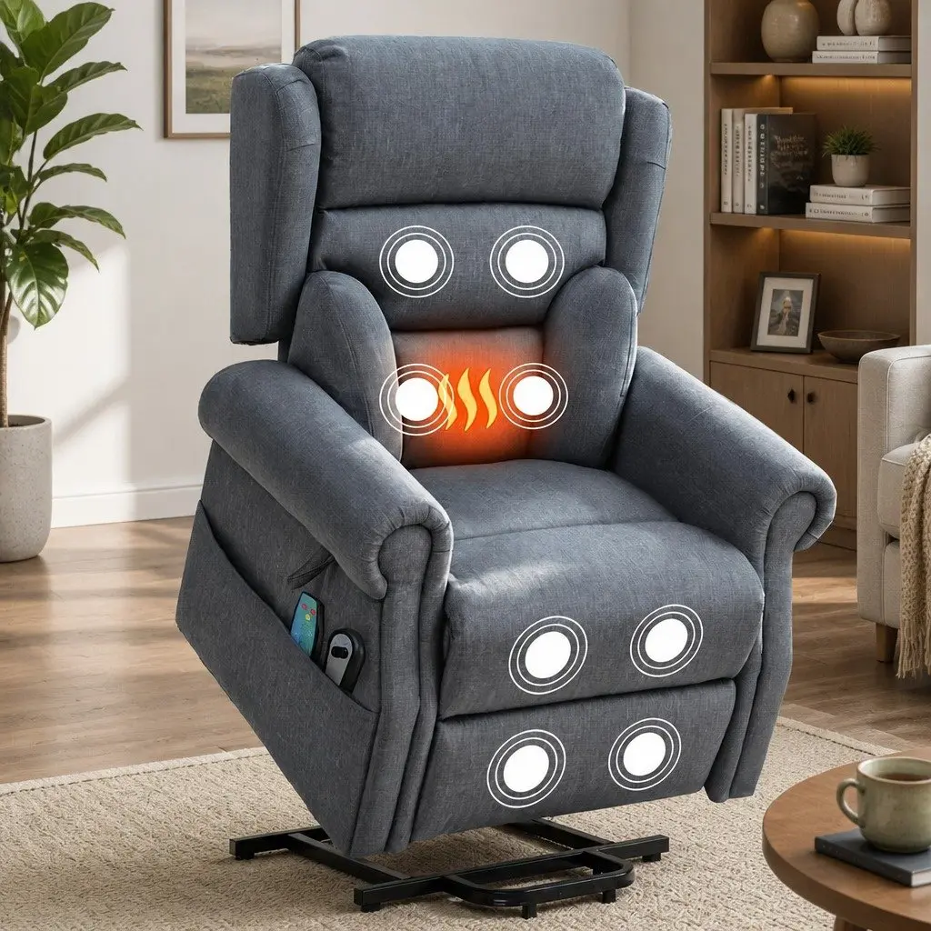 Electric Power Lift Recliner Chair Grey Adjustable Backrest 130 Degrees Heated Massage